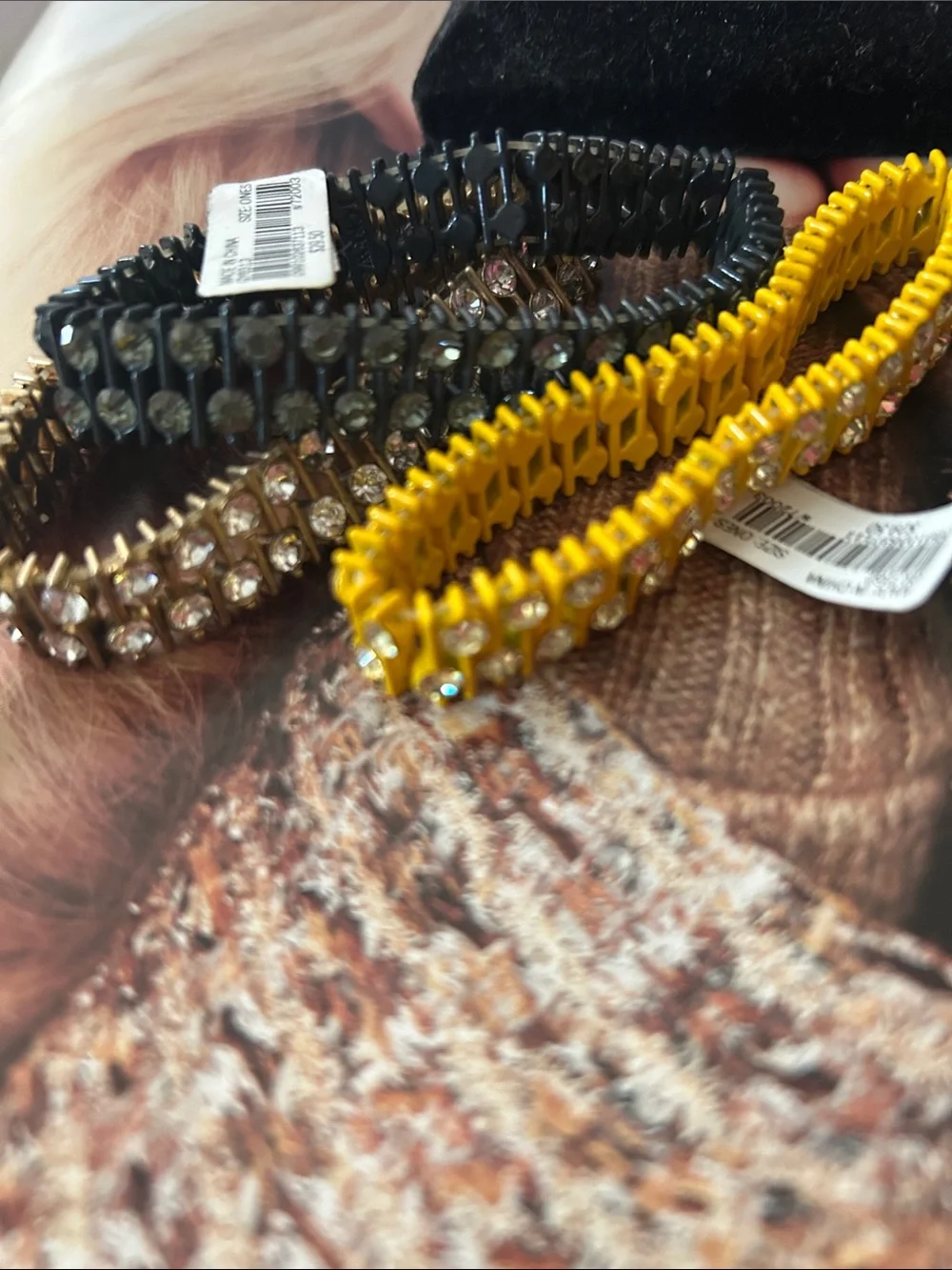 NWT J. Crew Set of Three Crystal Stretch Bracelets - Yellow, Black, Crystal